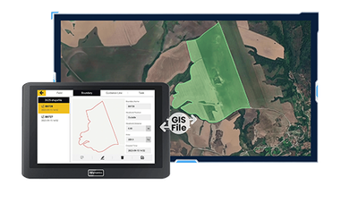 Tablet displaying map data overlaid on aerial view of land, likely for GIS analysis.